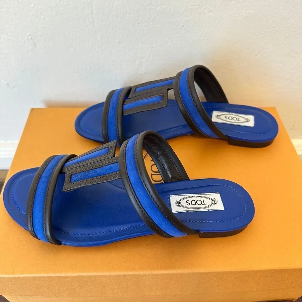 Tods Women’s open toe, slip-on leather blue stylish sandals size 7, NIB